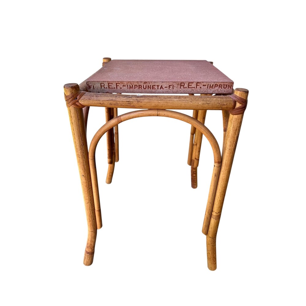 Vintage Bamboo Rattan Side Table with Impruneta Terracotta Tile Top